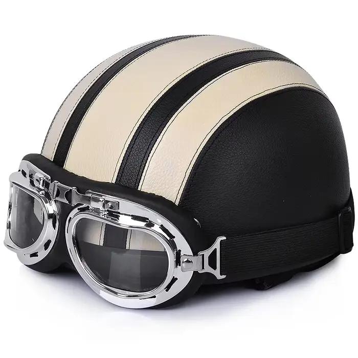 Casque de Moto en cuir moto équitation vintage Cruiser Touring demi-casques Moto vélo Scooter motard casque