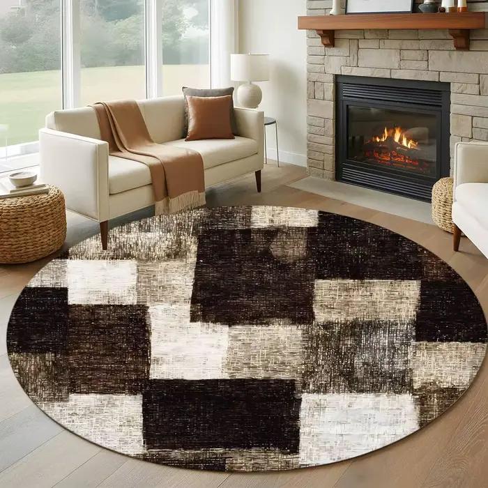 Tapis rond géométrique moderne marron, tapis circulaire abstrait à carreaux, tapis doux antidérapant pour chambre à coucher, tapis décoratif pour salon