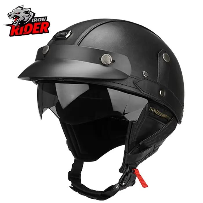 Demi-casque de Moto noir en cuir allemand, Vintage, Casco Moto, visage ouvert, Certification DOT