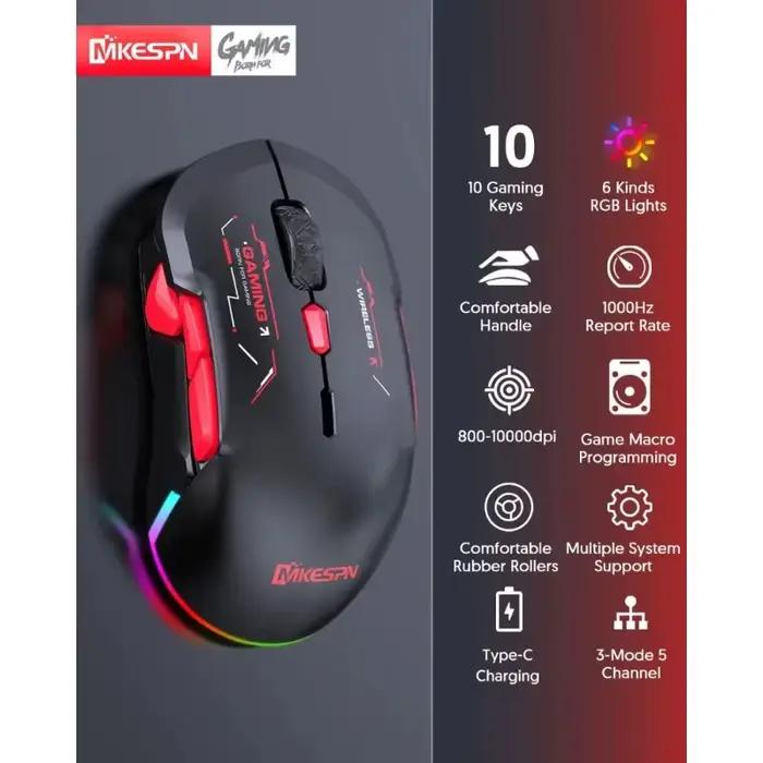 Souris de jeu MKESPN W12 10 boutons programmables sans fil Bluetooth RGB personnalisable pour gamer professionnel occasions spéciales