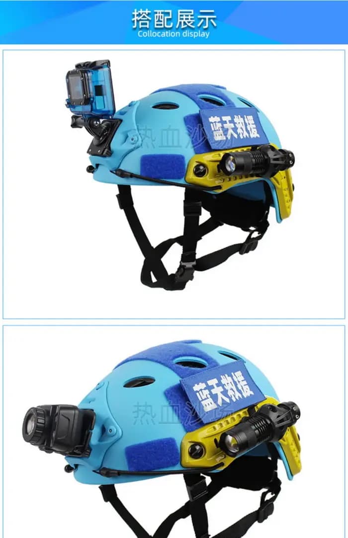 Casque de chasse de sauvetage bleu, lampe de poche à pince, lampe de poche, lunettes, lumière de sauna