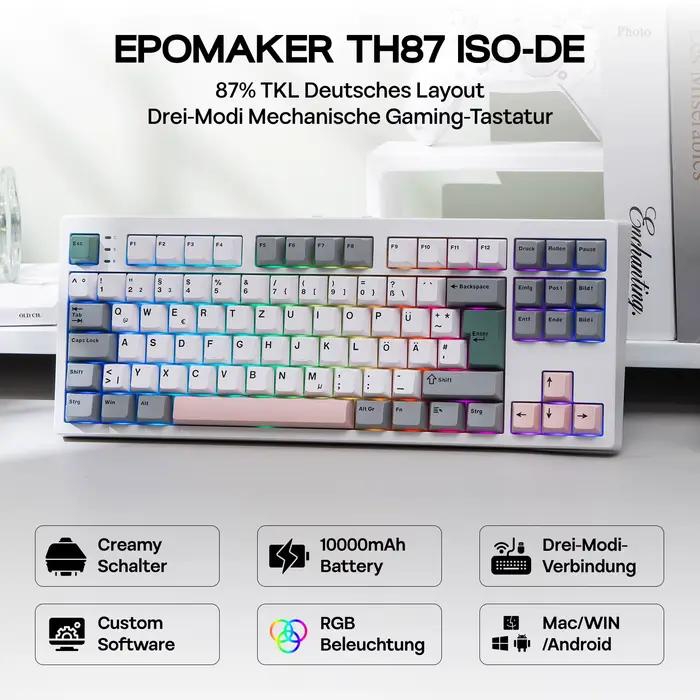 Clavier mécanique sans fil EPOMAKER TH87 ISO-DE Tenkeyless TKL avec batterie 10000 mAh pour PC/Mac