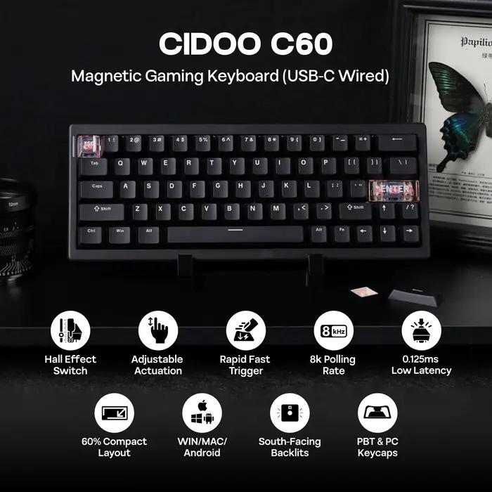 CIDOO C60 HE clavier de jeu filaire à disposition compacte à 63 touches avec interrupteur magnétique à effet Hall rétro-éclairage rvb taux d'orientation 8K