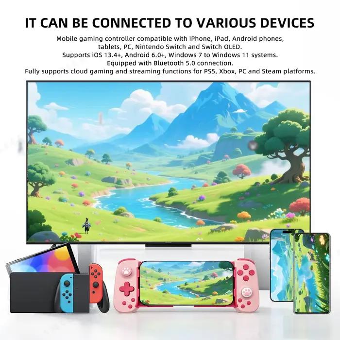 Manette de jeu rose extensible avec joystick à vibration et déclencheur Hall pour Switch/Android/iOS/PC