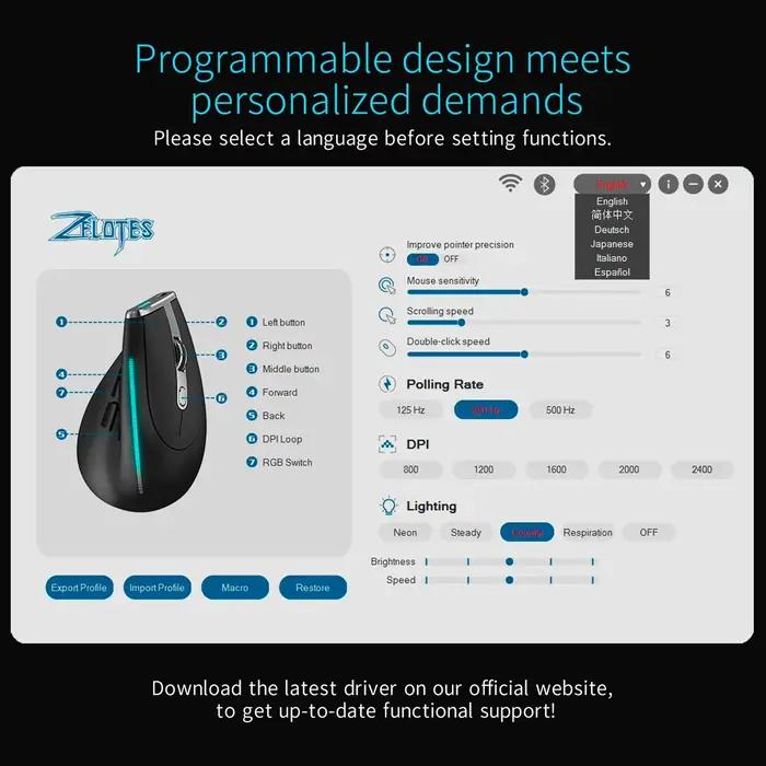 ZELOTES F-36 souris verticale sans fil 2.4G