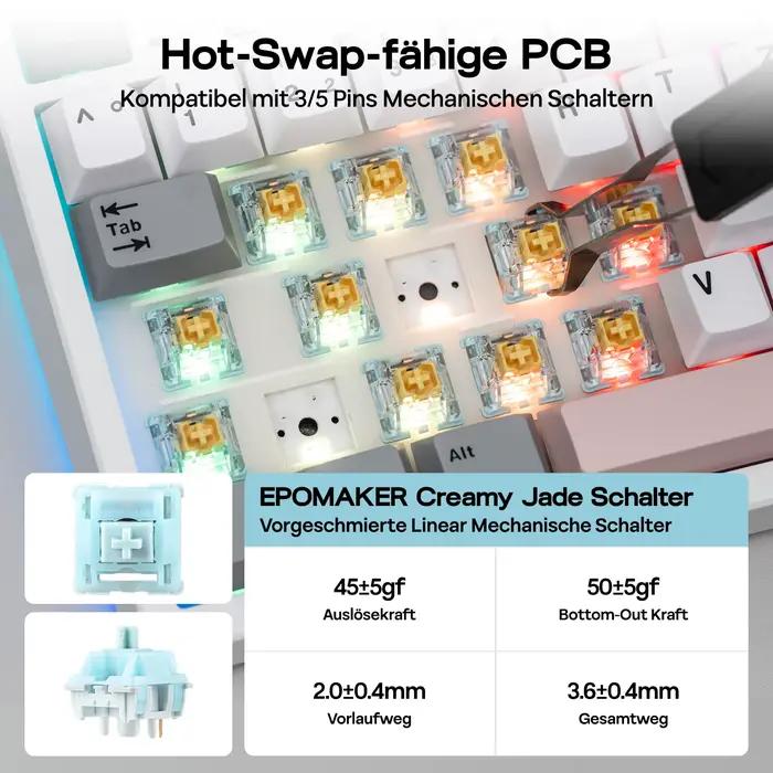Clavier mécanique sans fil EPOMAKER TH87 ISO-DE Tenkeyless TKL avec batterie 10000 mAh pour PC/Mac
