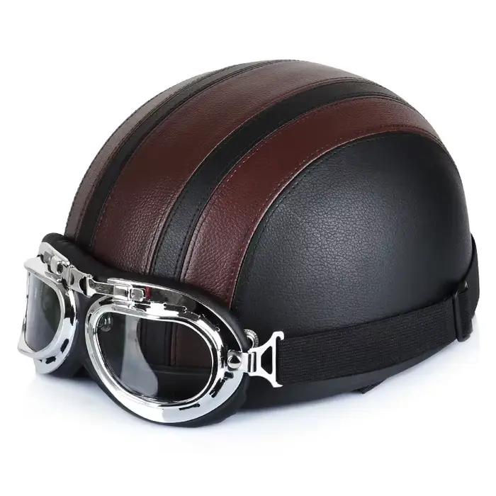 Casque de Moto en cuir moto équitation vintage Cruiser Touring demi-casques Moto vélo Scooter motard casque