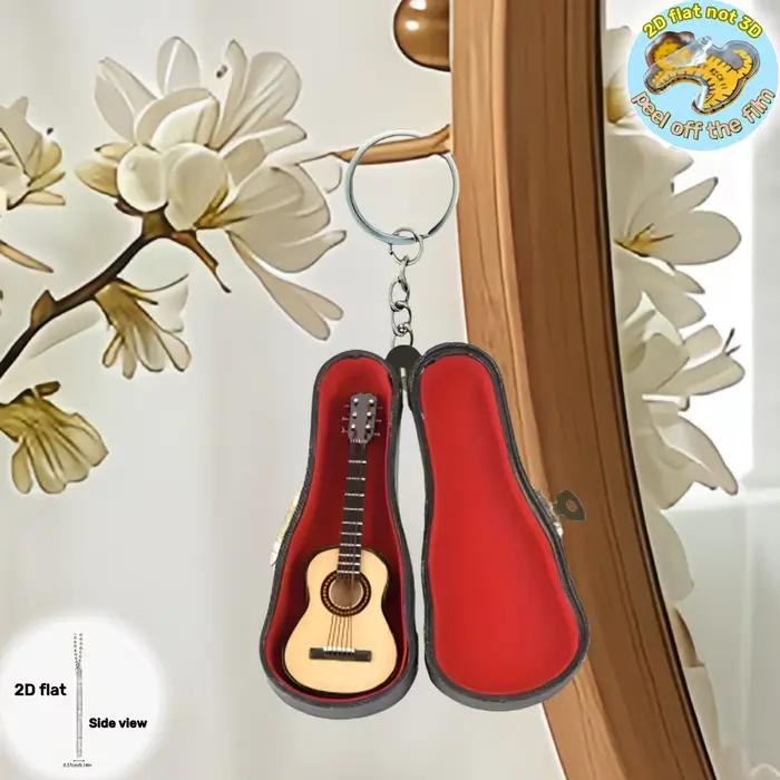 Guitare acoustique avec étui pendentif porte-clés, ornement plat en acrylique 2D, cadeau pour fans de musique, décoration suspendue pour voiture, sac, festif, fête