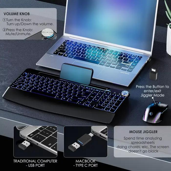 Clavier sans fil rétroéclairé 7 couleurs avec repose-poignet et support téléphone pour pauses confortables et jeu professionnel