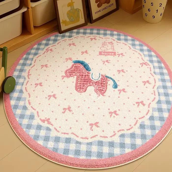 Tapis rond antidérapant VIKAMA Kawaii rose avec bordure à carreaux bleus pour la décoration de la chambre d'enfant