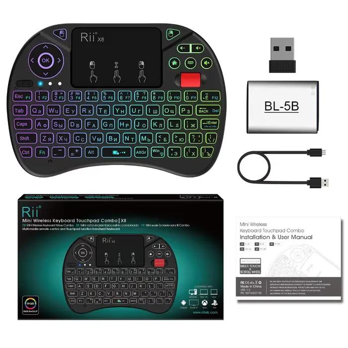 Rii X8 2.4 GHz sans fil russe/anglais/français/espagnol télécommande clavier avec pavé tactile rétro-éclairé pour Android TV Box Pc