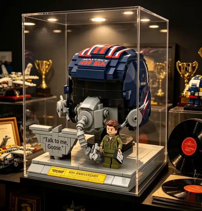 Casque de pilote de chasse Top Gun Maverick 40e anniversaire, sculpture en blocs de construction avec base de présentation, figurine de collection, cadeau pour adultes