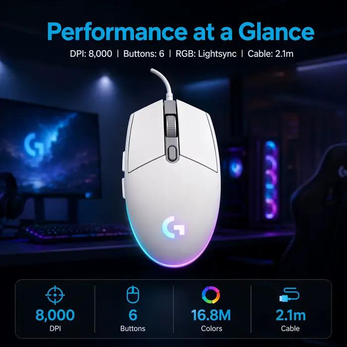 Souris de jeu filaire Logitech G102 rétroéclairage RGB capteur optique 8000 DPI 6 boutons programmables pour joueurs PC et ordinateur portable