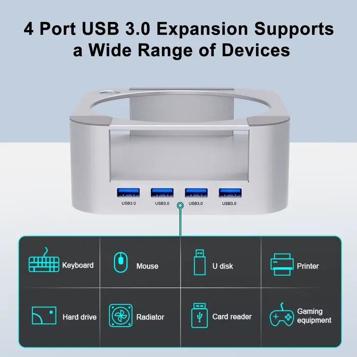 Boîtier Hub USB-C pour Mac Mini M4/M4 Pro avec support de fixation USB3