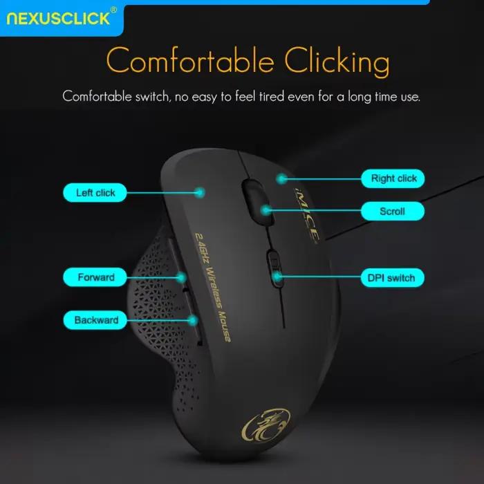 Souris sans fil NexusClick 2.4G 6 boutons DPI ajustables clics silencieux souris ergonomique pour jeux et travail longue durée de vie souris pour ordinateur portable et bureau