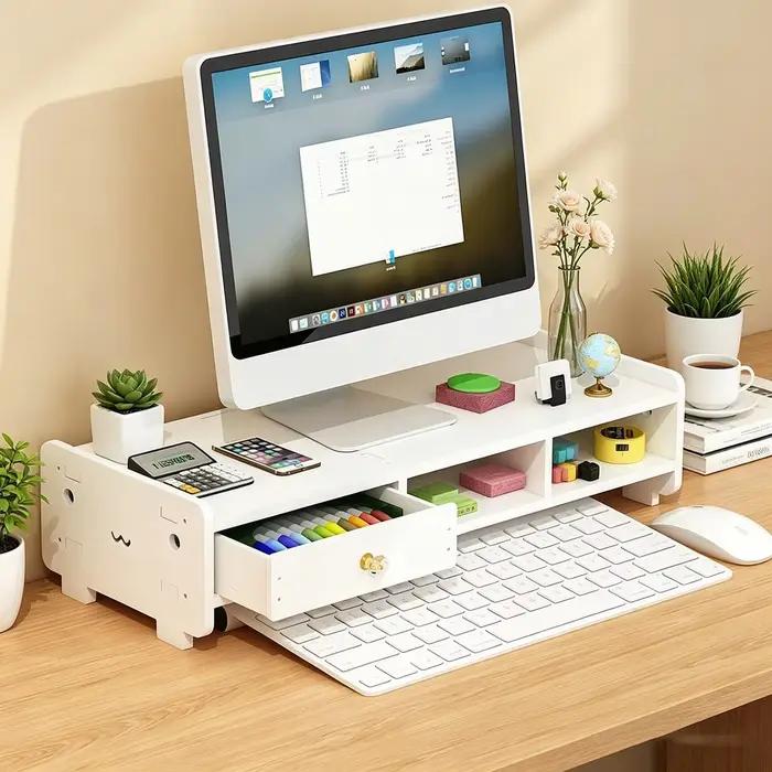 Support d'écran minimaliste avec compartiments de rangement, organiseur de bureau pour la maison et le bureau