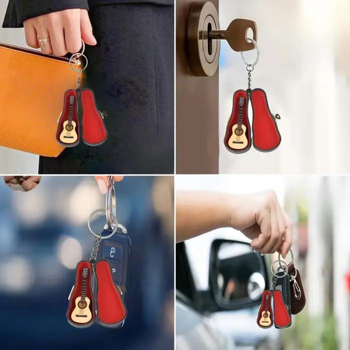 Guitare acoustique avec étui pendentif porte-clés, ornement plat en acrylique 2D, cadeau pour fans de musique, décoration suspendue pour voiture, sac, festif, fête