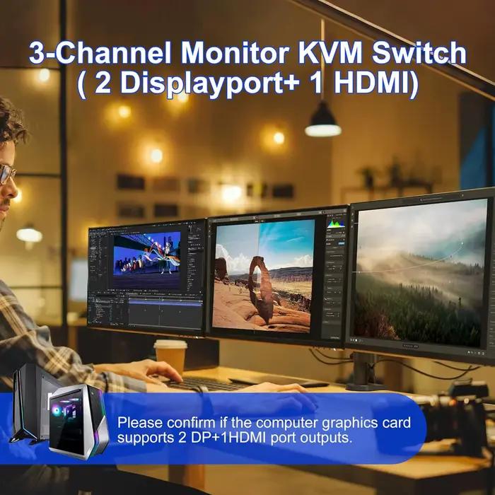 Commutateur KVM 3 moniteurs 2 ordinateurs 8K @ 60Hz 4K @ 144Hz HDMI et 2 ports d'affichage Triple moniteur
