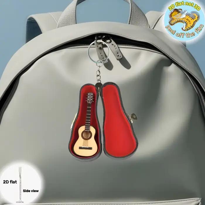 Guitare acoustique avec étui pendentif porte-clés, ornement plat en acrylique 2D, cadeau pour fans de musique, décoration suspendue pour voiture, sac, festif, fête