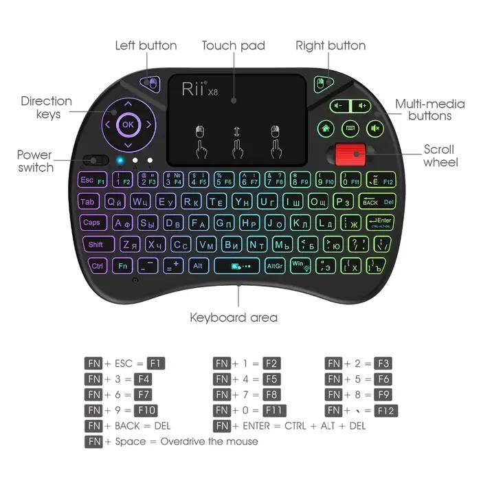 Rii X8 2.4 GHz sans fil russe/anglais/français/espagnol télécommande clavier avec pavé tactile rétro-éclairé pour Android TV Box Pc
