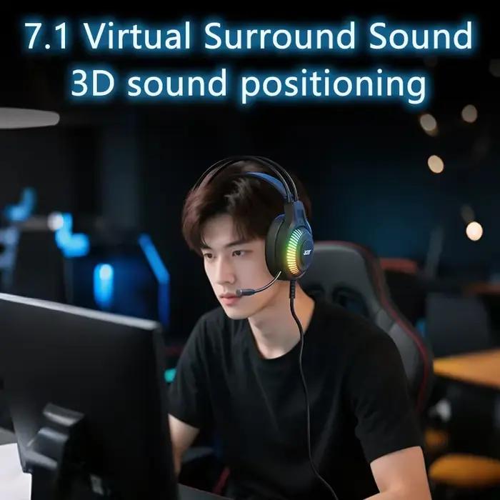 Acer casque de jeu avec micro 7.1 stéréo virtuel Surround lumière LED basse écouteurs casques Gamer pour ordinateur PC
