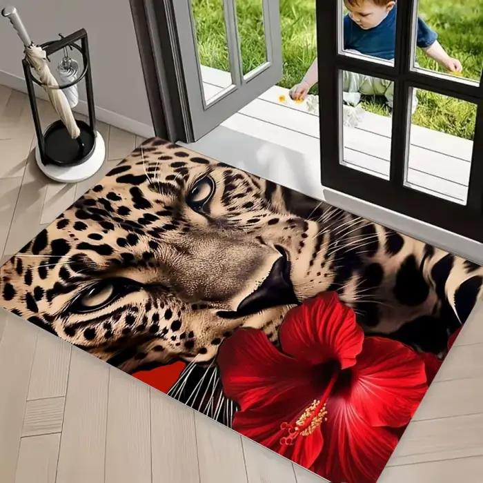Tapis vintage rouge à motif ethnique Panthère Noire