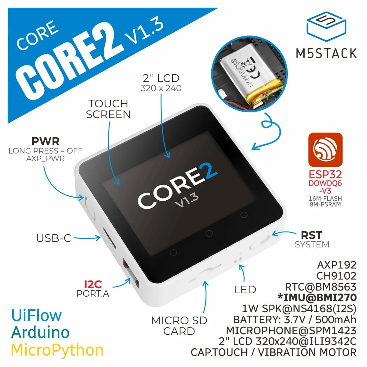 Kit de développement IoT M5Stack Officail Core2 v1.3 ESP32