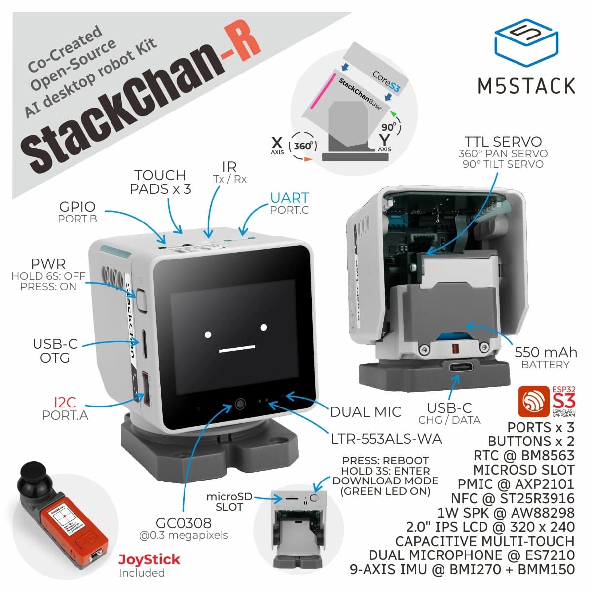 Kit de robot de bureau IA open-source co-créé M5Stack Official Stackchan Kawaii avec télécommande (E