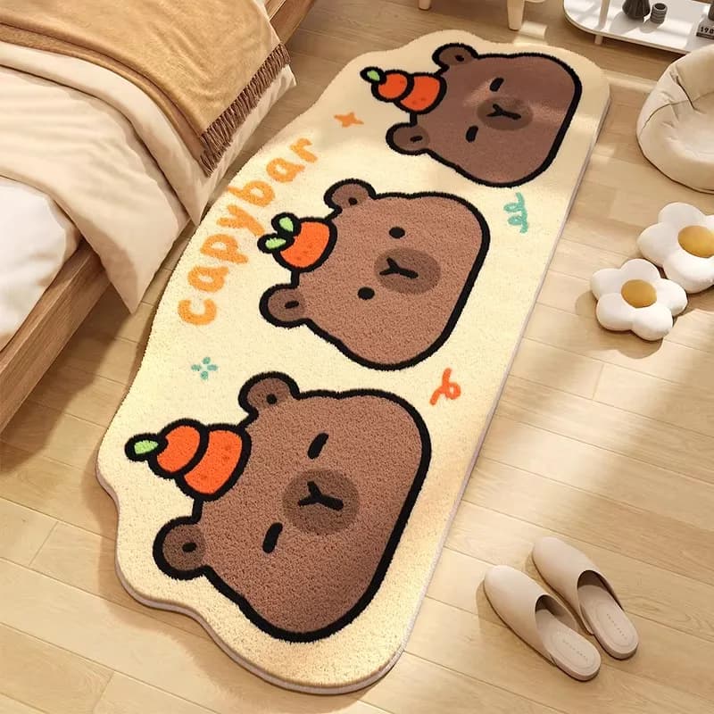 Tapis de chambre doux et moelleux, tapis de sol de chevet, tapis long mignon motif capybara, tapis d