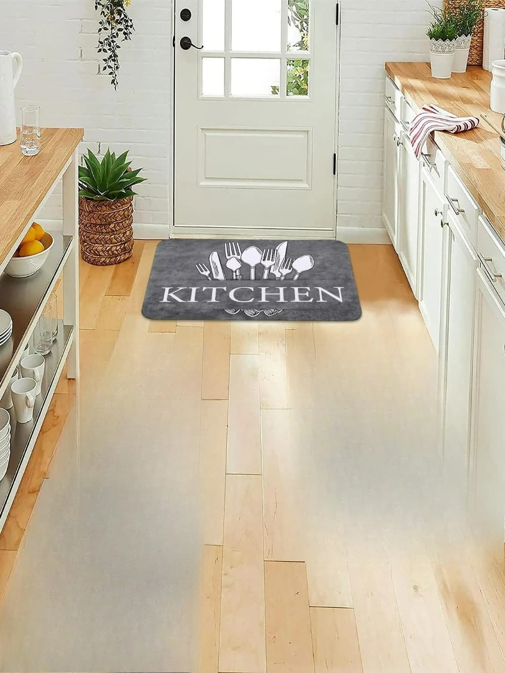 Tapis antidérapant doux imprimé pour ustensiles de cuisine vintage gris, adapté au salon, à la salle