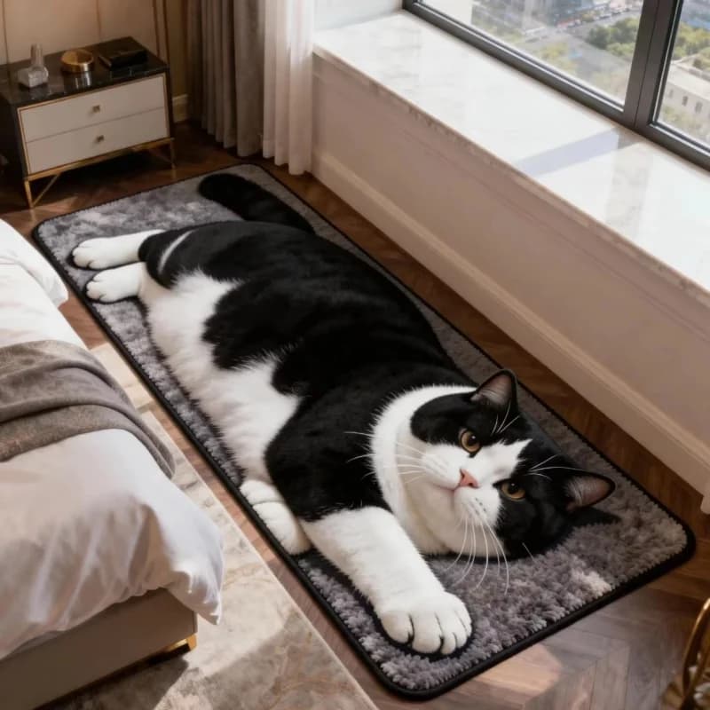 Tapis de chevet long IKAMA avec imprimé chat tabby orange mignon et dodu, antidérapant, doux et moel