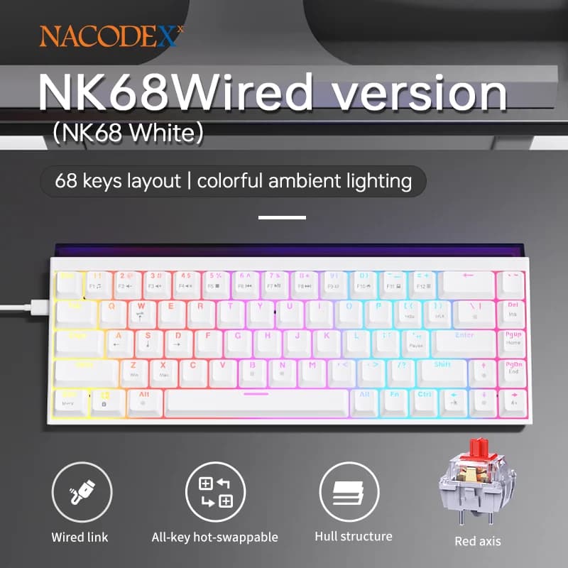 Clavier mécanique filaire AJAZZ NK68, 68 touches, touches ABS remplaçables à chaud, clavier de jeu,