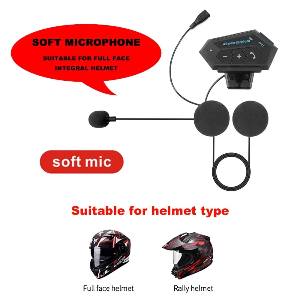 Casque de moto BT12, casque Bluetooth stéréo, écouteurs sans fil, micro mains libres, lecteur de mus