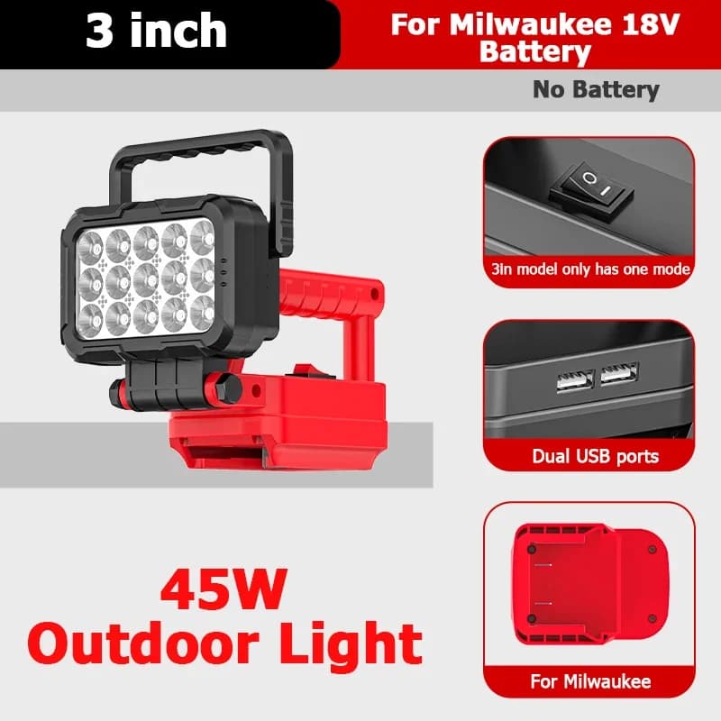 Lampe de travail LED pour batterie Li-ion 18V Milwaukee, lampe torche, lanterne, éclairage d'urgence
