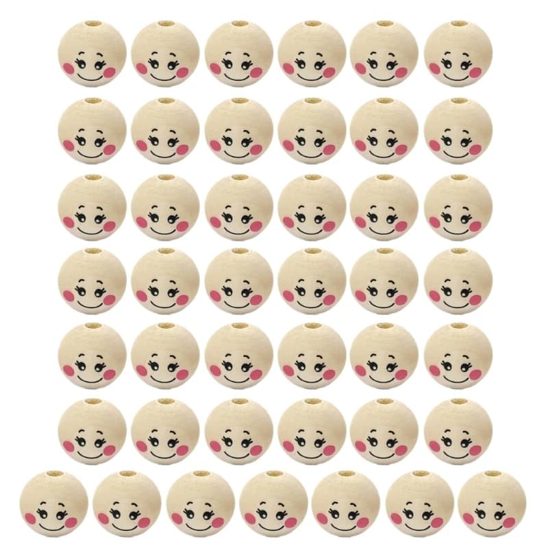 Ensembles perles sourire en bois à trous ronds, 50 pièces, pour décorations DIY, perles sourire