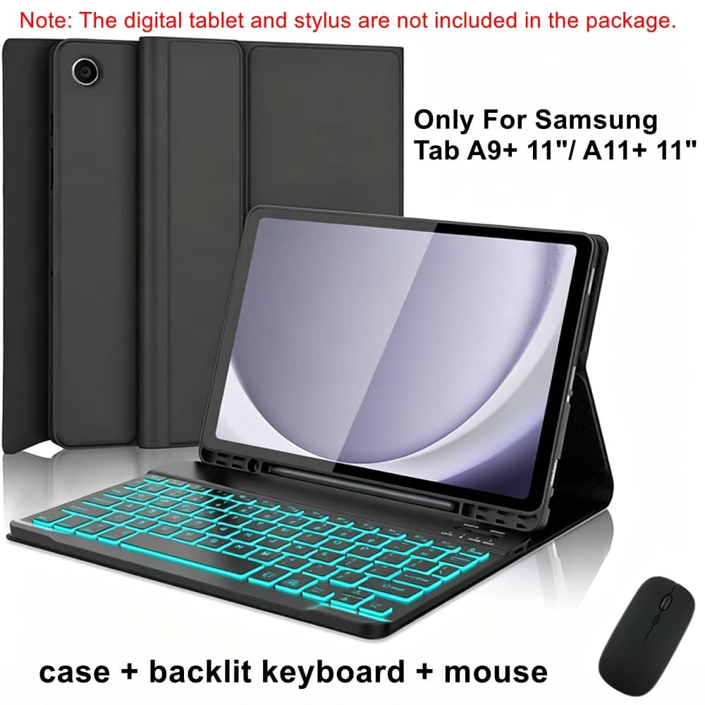 Clavier détachable rétroéclairé avec étui en cuir et souris pour Samsung Galaxy Tab A11+ 11 pouces/A