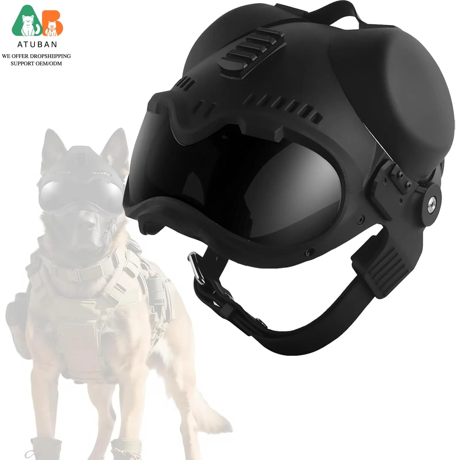 Casque tactique pour chien ATUBAN K9 avec lunettes de protection, protection de la tête résistante a