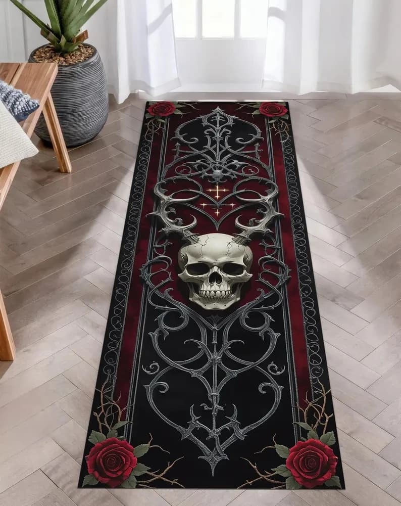 Tapis de couloir de crâne gothique, tapis de couloir long sur le thème d'horreur foncé, tapis de sol
