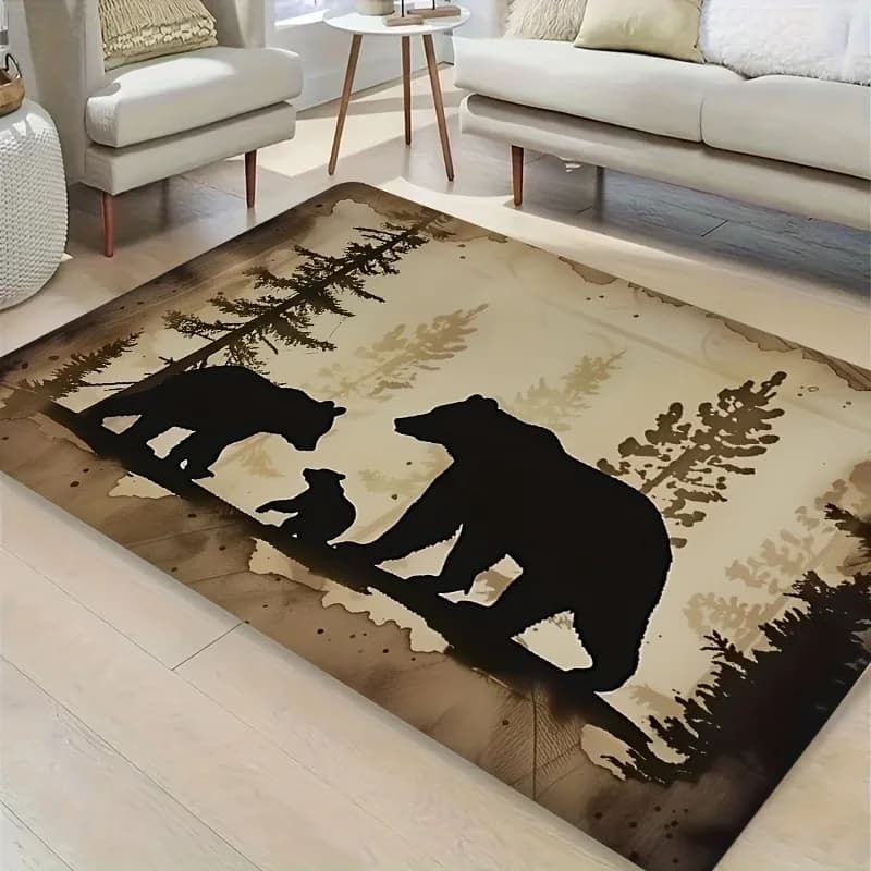 Tapis de sol antidérapant avec silhouette de famille d'ours rustiques de la forêt, style cabane et f