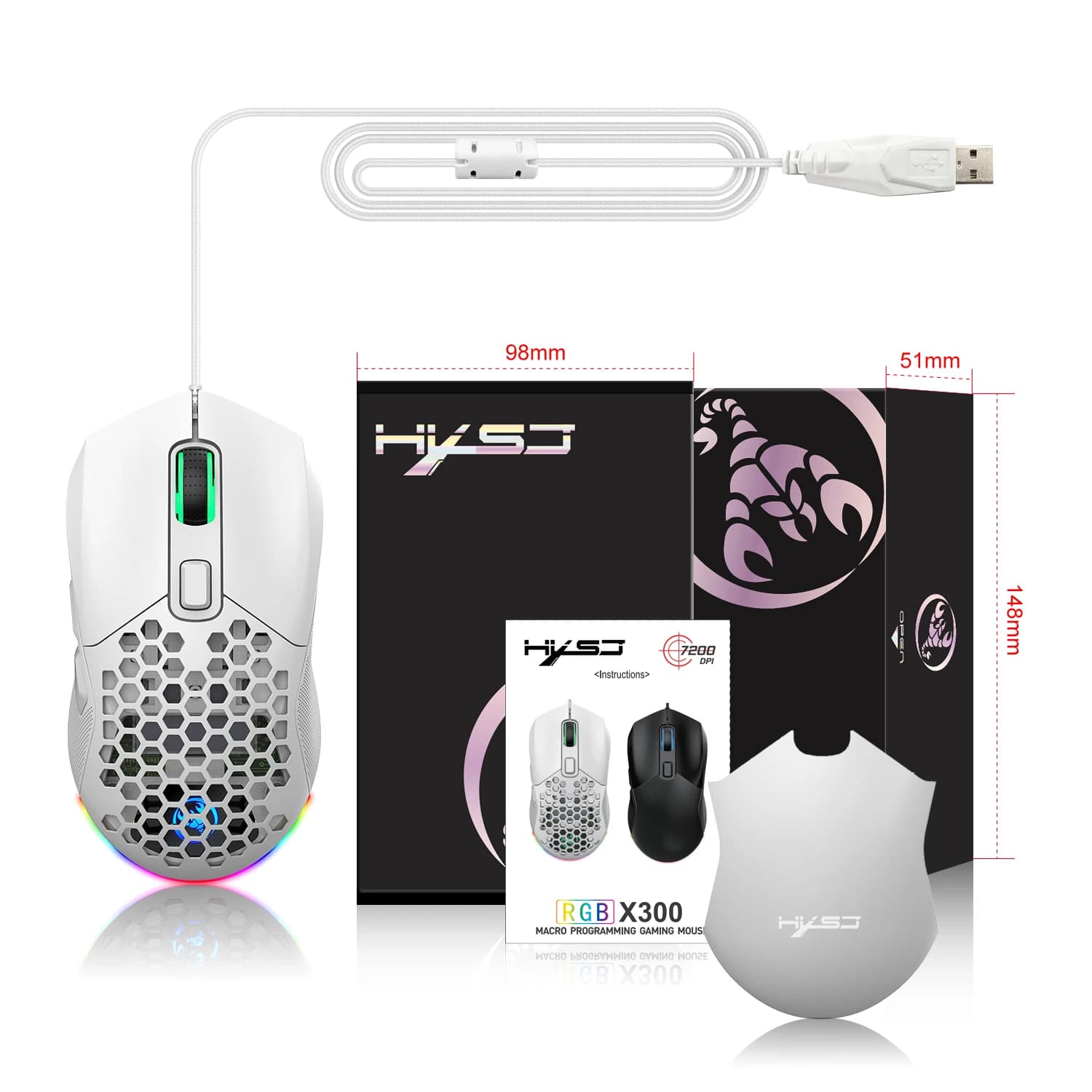 Meilleure vente HXSJ X300 6D Macro souris programmable RGB lumineux 7200DPI réglable ergonomique fil