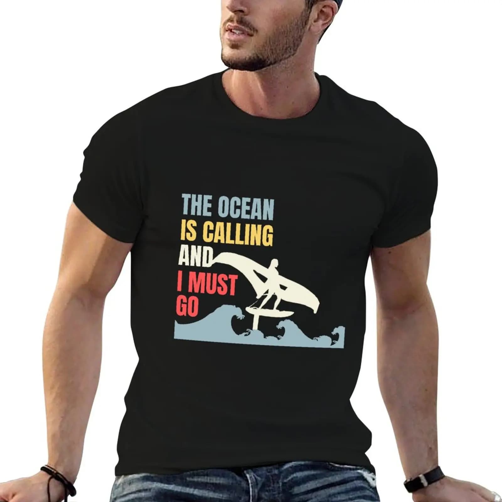 Aile feuilletée, surf, l'océan appelle, feuille d'aile, cadeau pour surfeurs | T-Shirt homme T-Shi