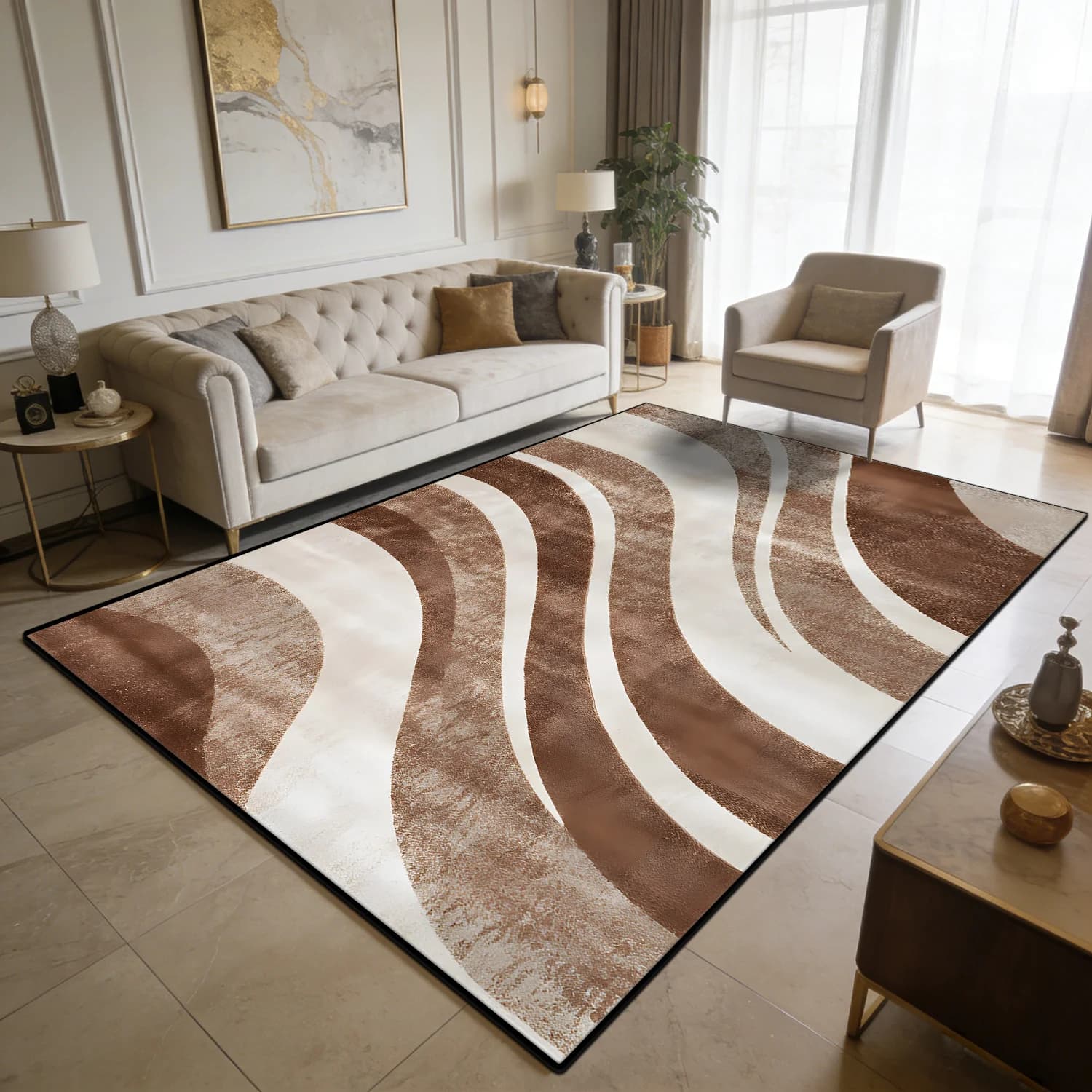 Tapis de salon moderne de style luxe léger, grande taille, décoration artistique incurvée, lavable e