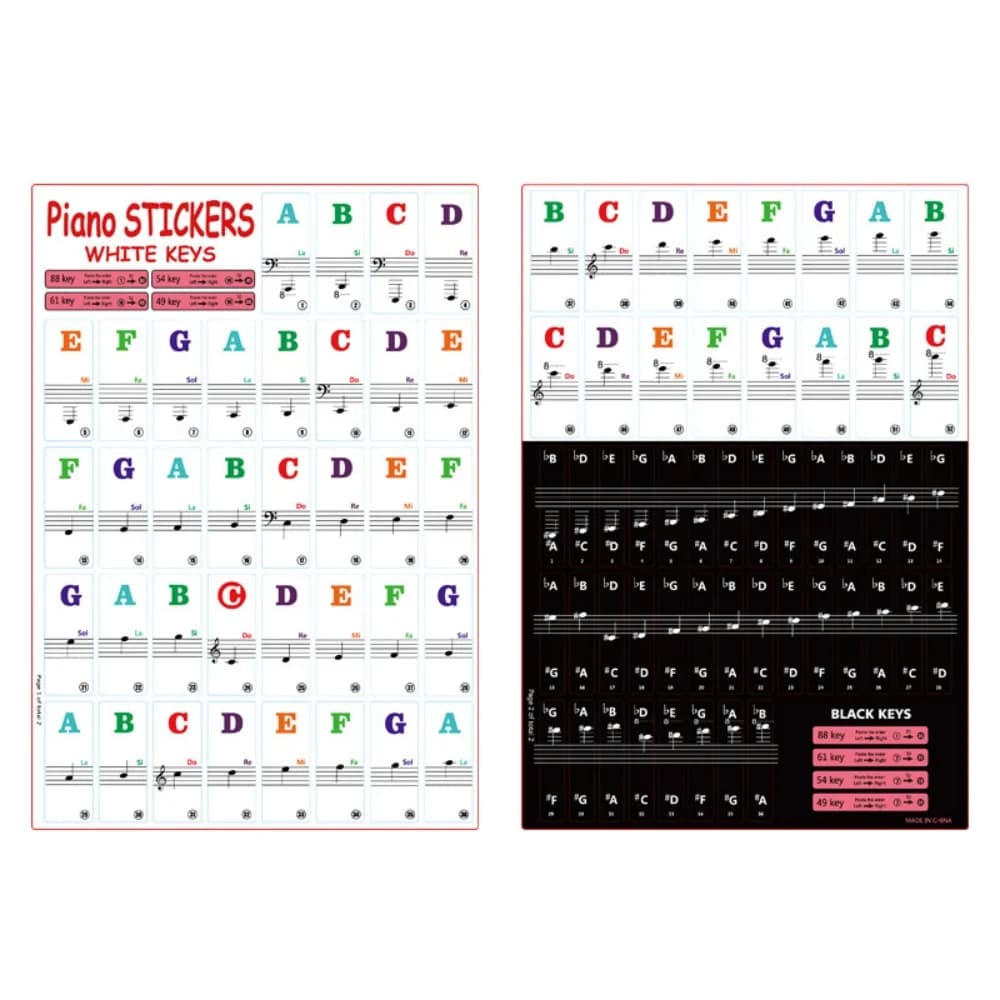 2 ensembles d'autocollants pour clavier de piano, 88/61/54/49 touches, avec étiquettes de notes colo