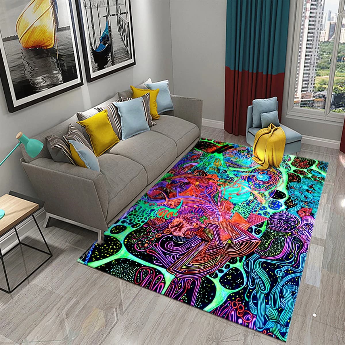 Tapis graffiti psychédélique abstrait, art trippy coloré moderne, lea pour salon, cuisine, chambre à