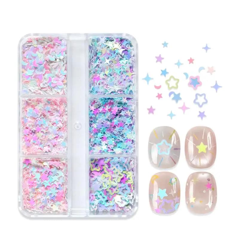 Accessoires pour nail art : étoiles irisées, lunes, paillettes sirène, flocons de paillettes, décora