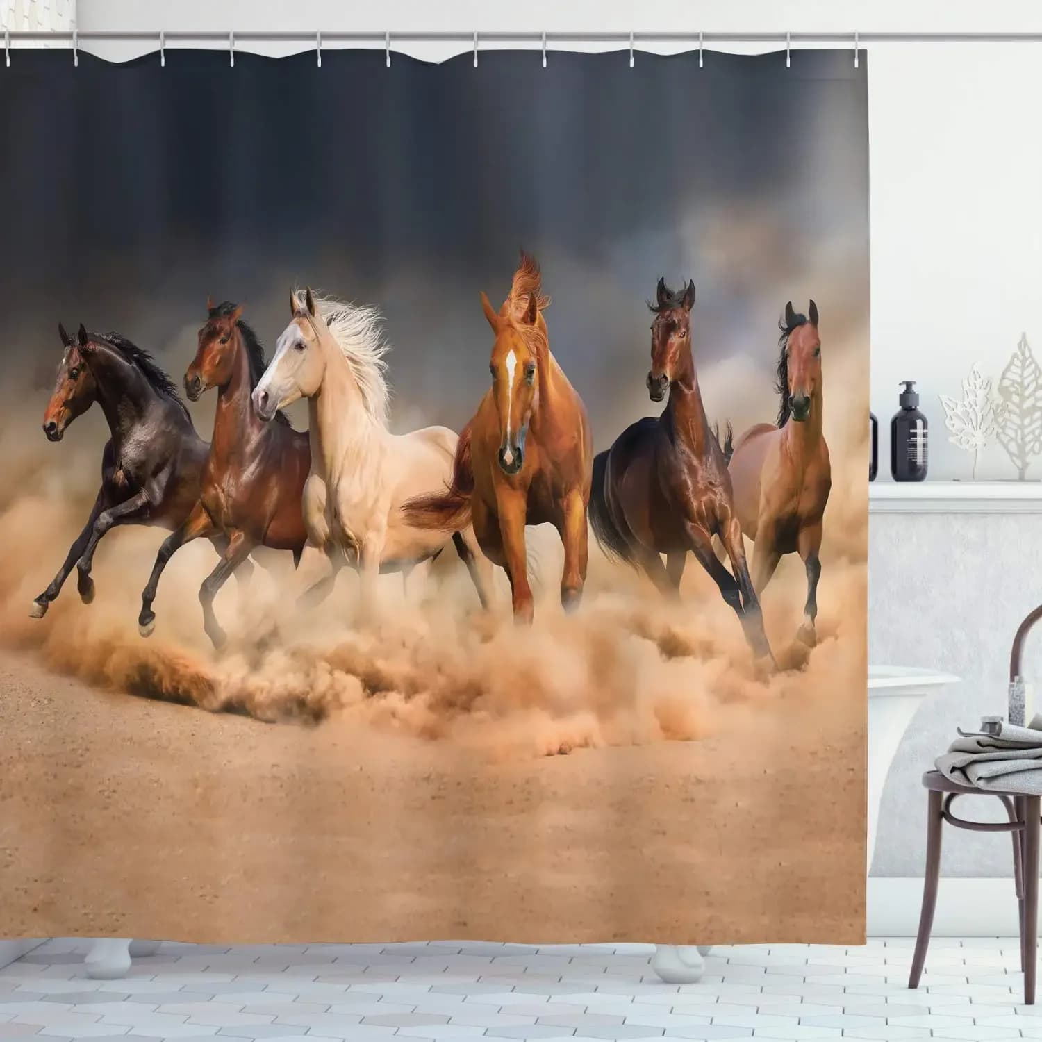Rideau de douche cheval en tissu polyester imperméable, chevaux masculins occidentaux qui courent da