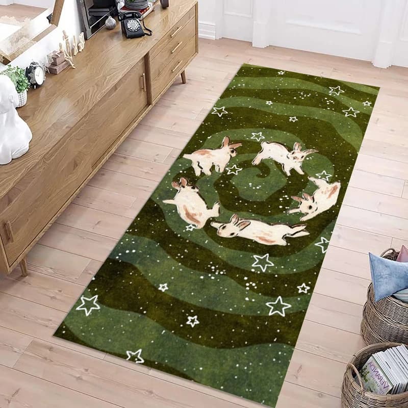 Tapis de couloir antidérapant doux et lavable avec motif de lapin étoilé vert pour la décoration de