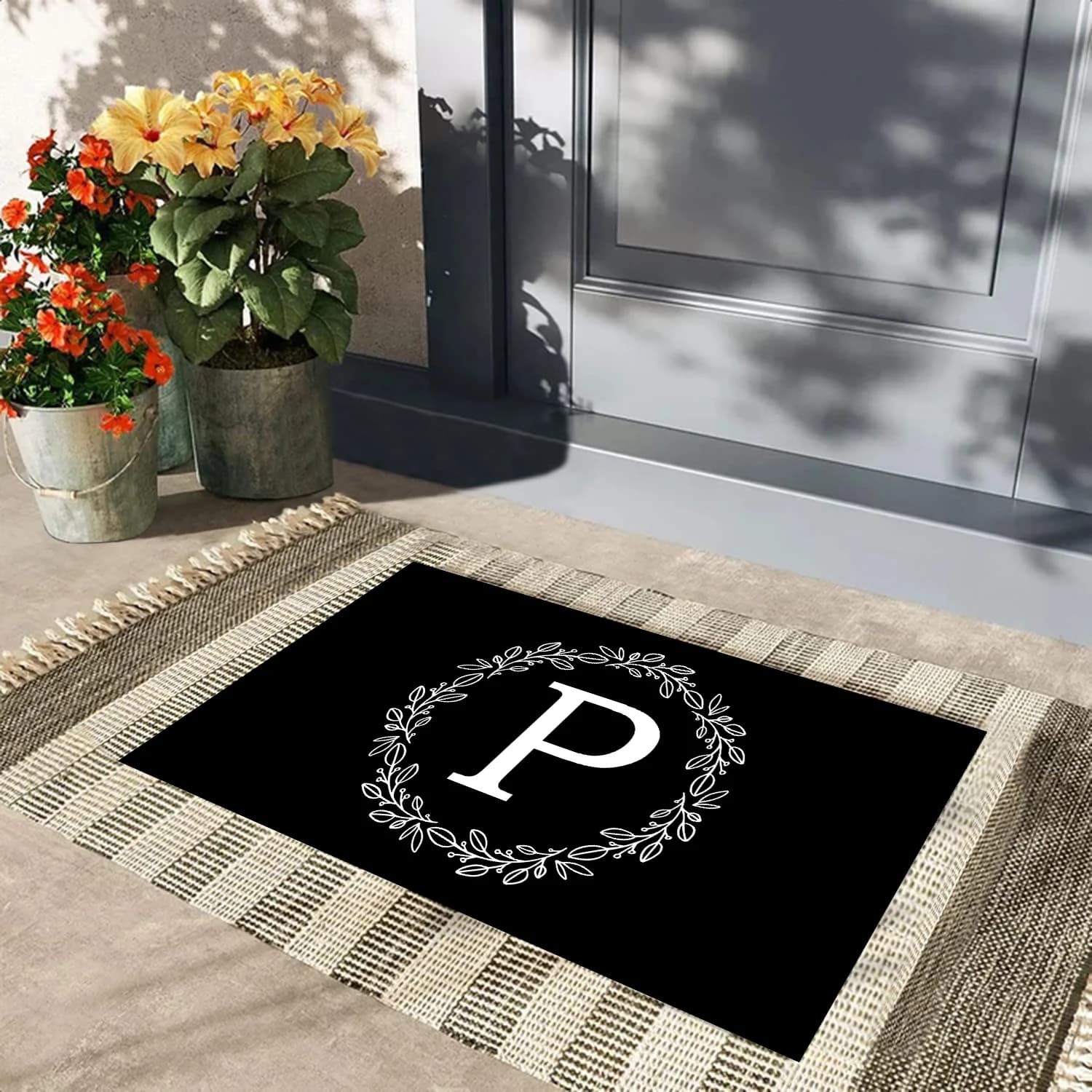 Paillasson personnalisé avec initiale, tapis de sol d'entrée en caoutchouc, tapis de bienvenue noir,