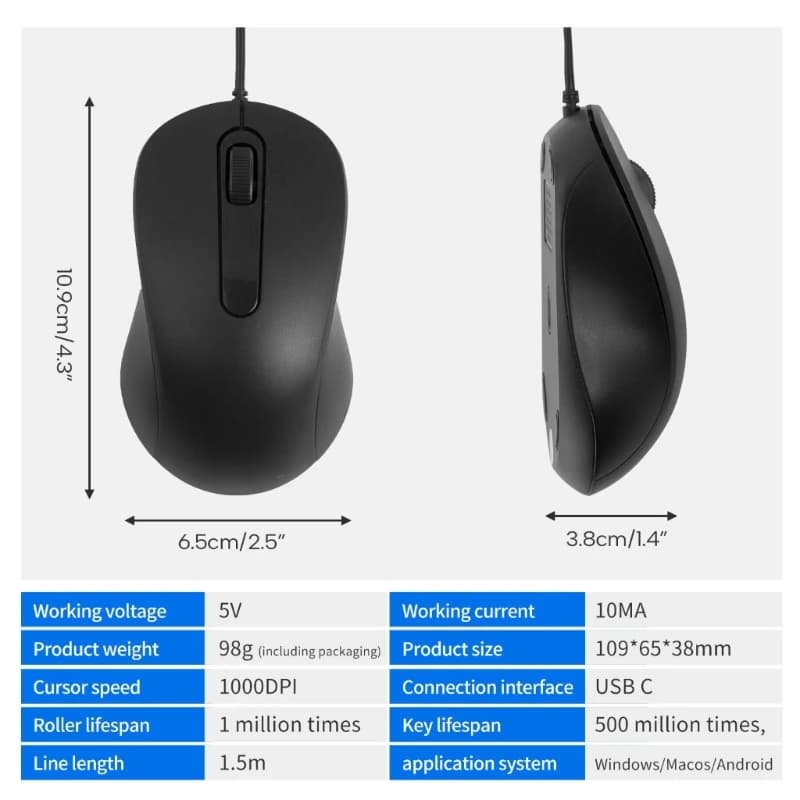 Souris de jeu de type C à sensibilité réglable, souris USB C, 3 boutons, 1000 ug I, PC Windows, ordi