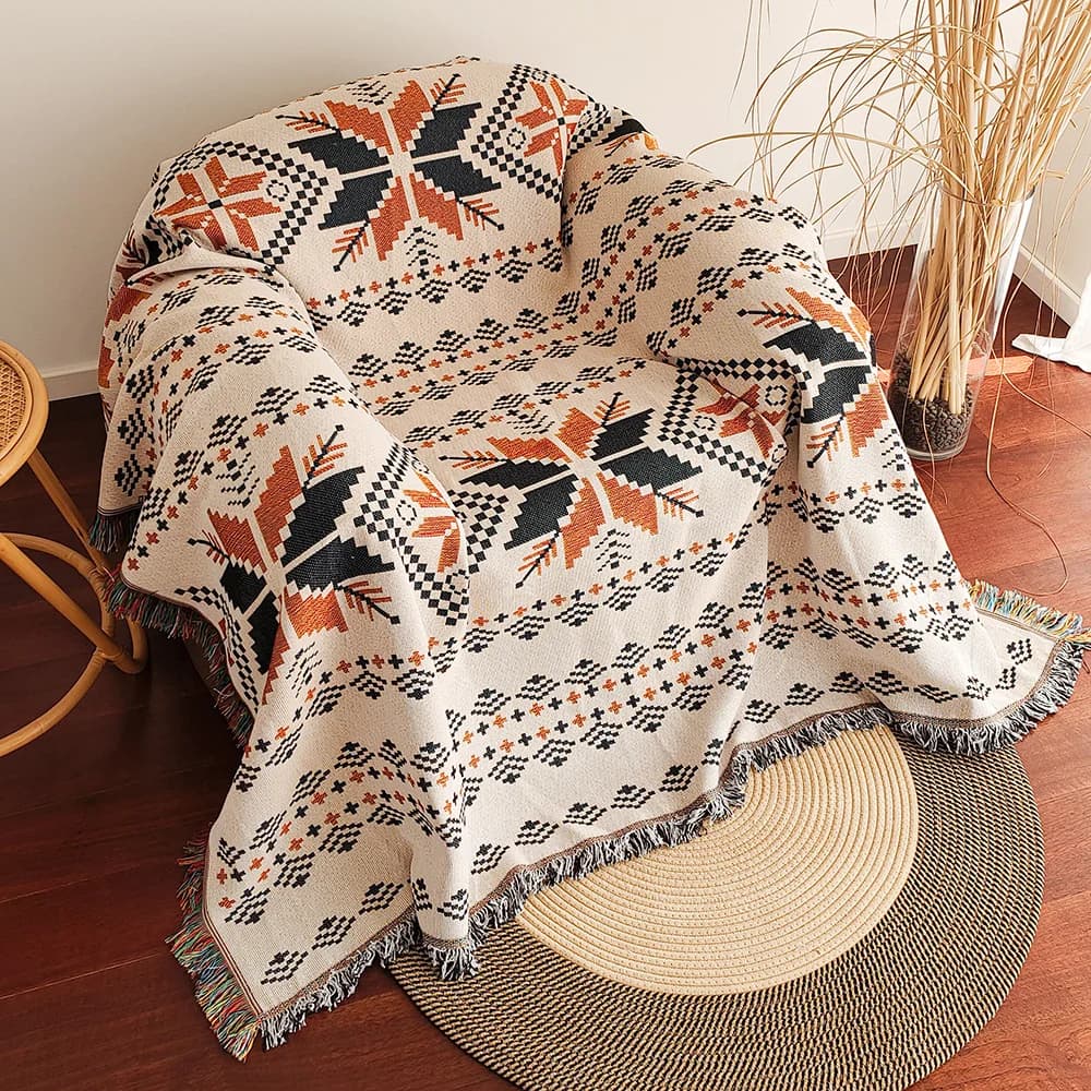 Couverture aztèque, couverture Boho surdimensionnée avec frange, tapisserie géométrique du sud-ouest